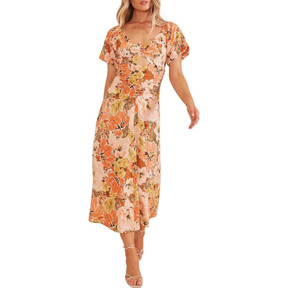 NWT MinkPink Tahlia Midi Dress Small Orange Pink Floral Print Linen Blend Party - Picture 10 of 11
